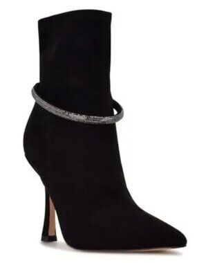 NINE WEST Ferba Black Suede Pointed Toe Ankle Boot w/Embellished Pull-Thru Loop